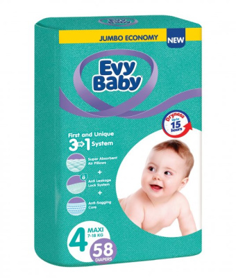 Evy Baby Подгузники детские размер Maxi Jumbo 4 7-18кг, 58 шт