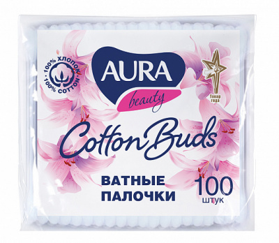 Aura Beauty Ватные палочки пэ пакет, 100 шт