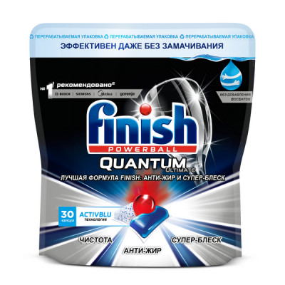 Finish Quantum Ultimate Средство для мытья посуды в посудомоечных машинах в капсулах в дойпаке, 30 капсул