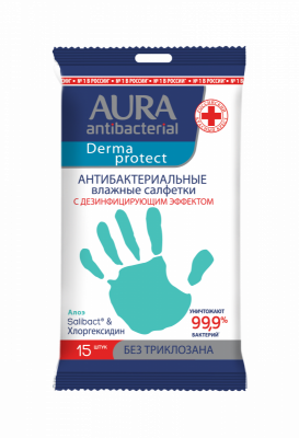 Aura Derma Protect Влажные салфетки Антибактериальные Алоэ, 15 шт