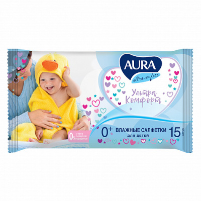 Aura Ultra Comfort Влажные салфетки для детей, 15 шт