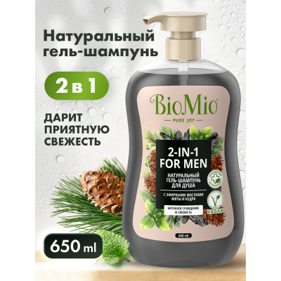 BioMio Натуральный гель-шампунь для душа 2 в 1 с эфирными маслами мяты и кедра Для мужчин, 650 мл