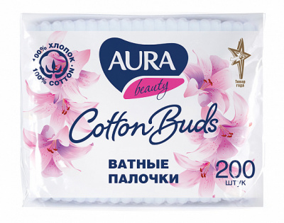 Aura Beauty Ватные палочки пэ пакет, 200 шт