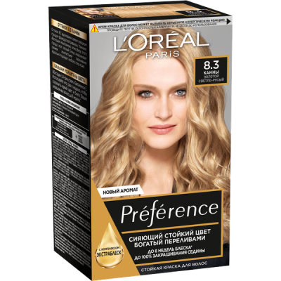 L'Oreal Paris Стойкая краска для волос Preference оттенок 8,3 Канны Золотой Светло-Русый