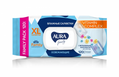 Aura Family Влажные салфетки освежающие размер XL для всей семьи с витаминным комплексом big-pack с крышкой, 120 шт