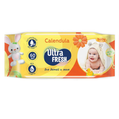 Ultra Fresh Baby Влажные салфетки с календулой для детей и мам с клапаном, 60 шт