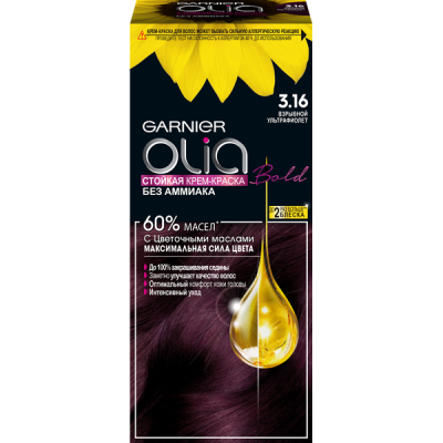 Garnier Стойкая крем-краска для волос Olia с цветочными маслами без аммиака оттенок 3,16 Взрывной ультрафиолет темно-фиолетовый