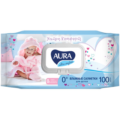 Aura Ultra Comfort Влажные салфетки для детей с экстрактом алоэ и витамином Е с крышкой, 100 шт