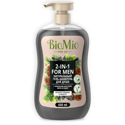 BioMio Натуральный гель-шампунь для душа 2 в 1 с эфирными маслами мяты и кедра Для мужчин, 650 мл_1