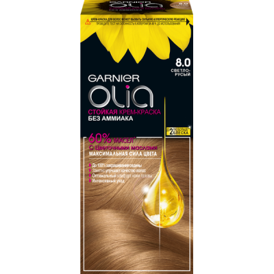 Garnier Стойкая крем-краска для волос Olia с цветочными маслами без аммиака оттенок 8,0 Светло-русый светло-коричневый
