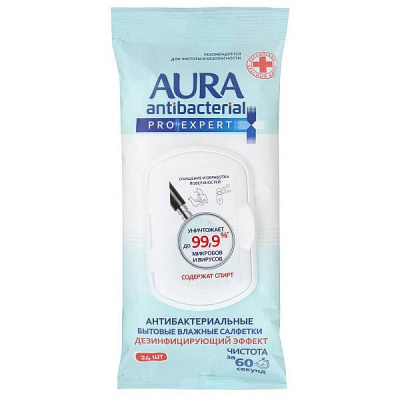 Aura Pro Expert Влажные салфетки Антибактериальные для поверхностей, 24 шт