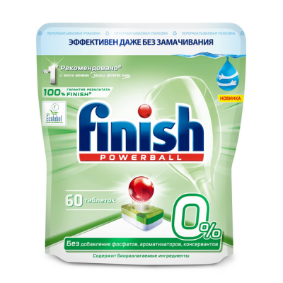 Finish Green 0% Таблетки для посудомоечных машин бесфосфатные, 60 шт
