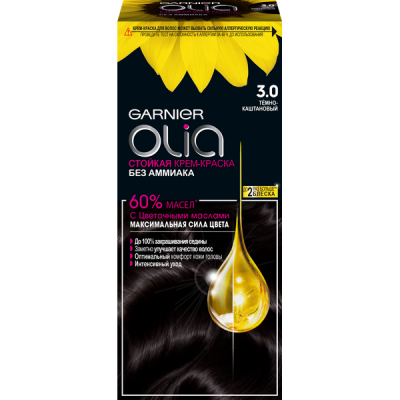 Garnier Стойкая крем-краска для волос Olia с цветочными маслами без аммиака оттенок 3,0 Тёмно-каштановый темно-коричневый